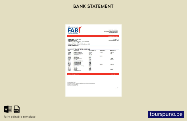 listo para imprimir la plantilla de Word del primer extracto bancario de Abu Dha